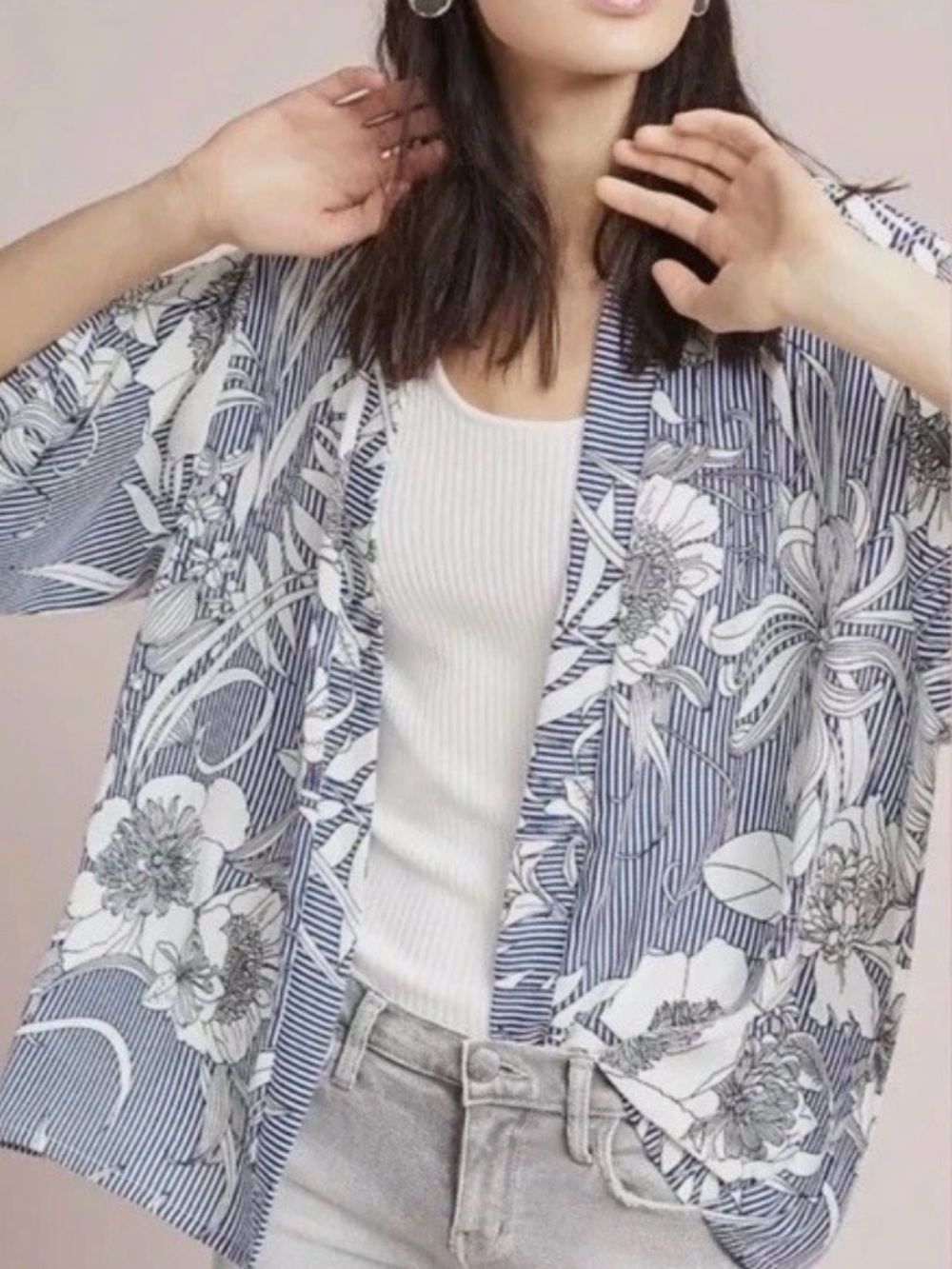 Akemi + Kin Boho Savannah Blue & White Floral Botanical Kimono OS